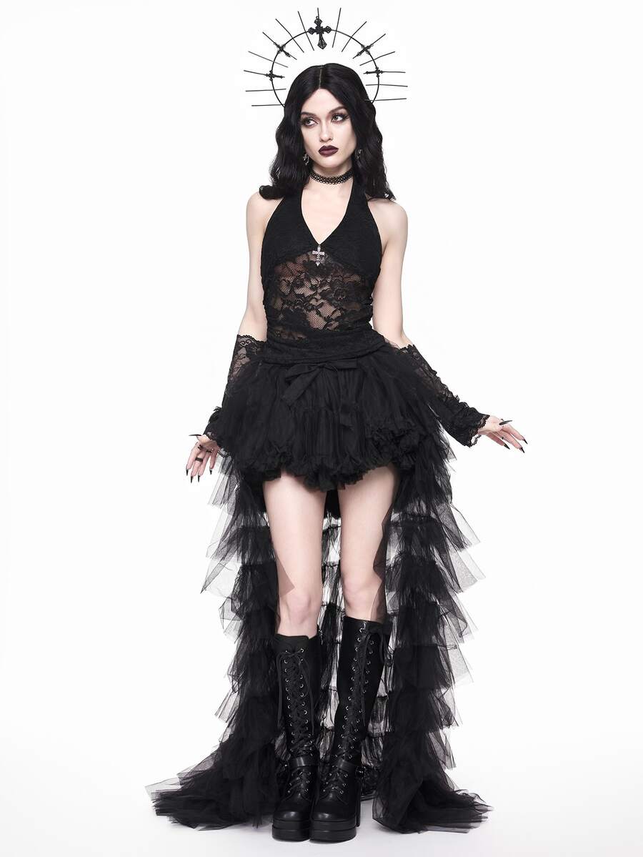 Black gothic halter lace cami crop top featuring ruched details and backless design for women