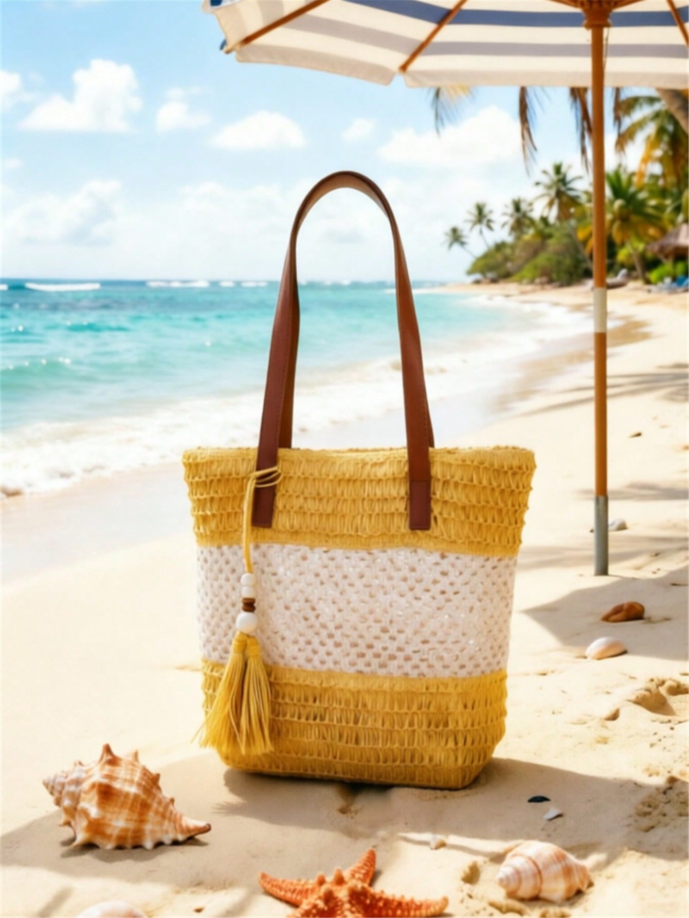 1pc New Holiday Tassel Pendant Bicolor Woven Beach Tote Bag, Casual Shoulder Handbag For Beach Trip
