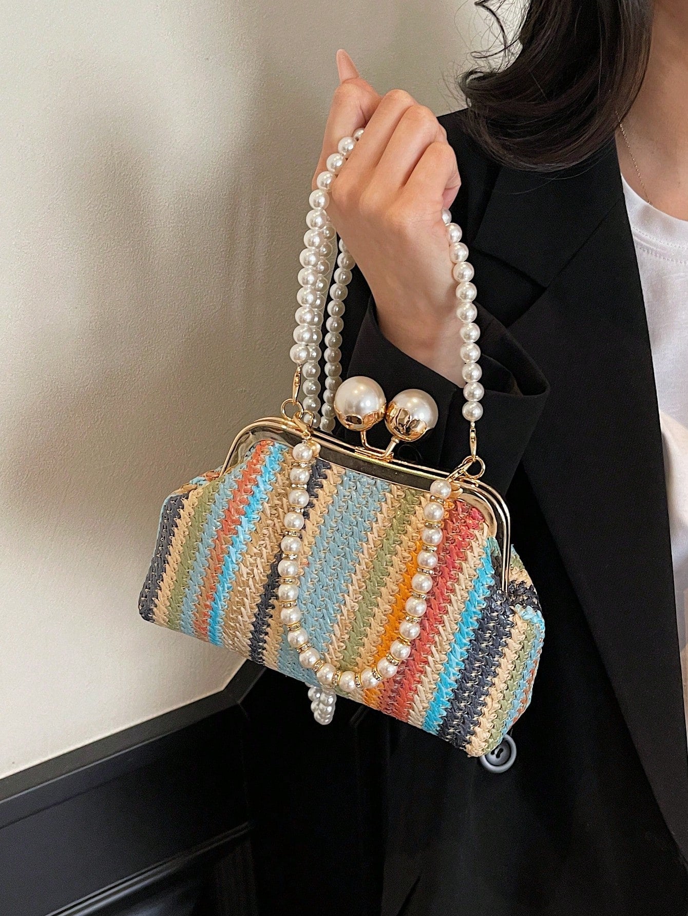 1pc Rainbow Color Woven Clutch Bag, Minimalist & Fashionable, Suitable For Casual/Daily Use, Woven Bag