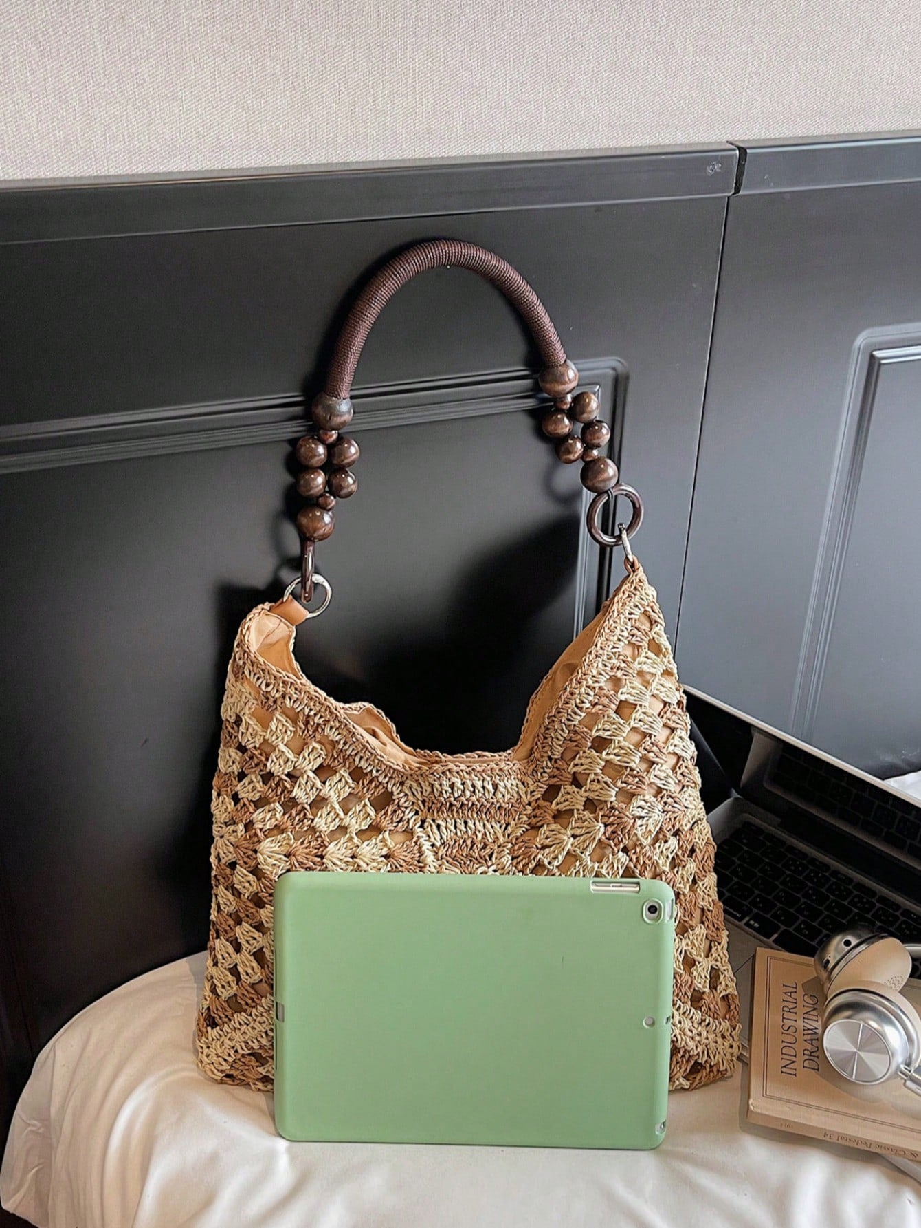 Handmade Crochet Hollow Straw Bag, Patchwork Large Capacity Shoulder Bag, Bohemian Contrast Color Straw Bag, Casual Versatile Women Bag, Slouchy Woven Bag, Summer Beach Vacation Straw Bag, Commute & Travel Dual-Use Women Bag, Can Fit , Gift For Women