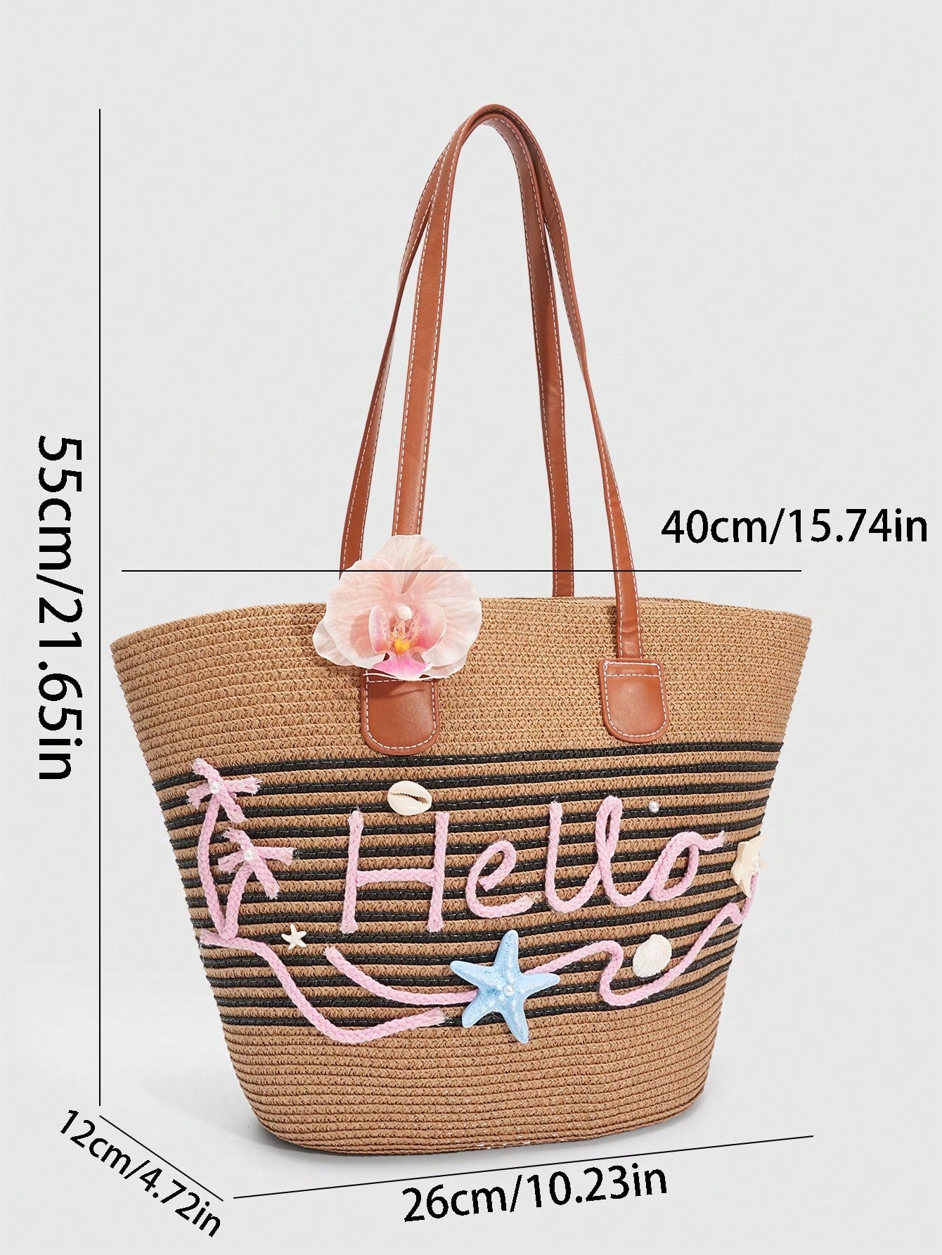 ROMWE Fairycore 1pc Vacation-Themed Shell, Seashell, Coral, Pearl Decor Women Tote Bag, Large Capacity Floral Straw Beach Bag For Spring/Summer