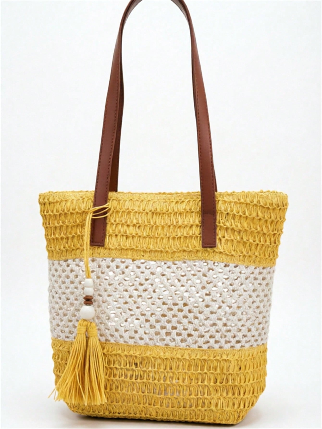 1pc New Holiday Tassel Pendant Bicolor Woven Beach Tote Bag, Casual Shoulder Handbag For Beach Trip