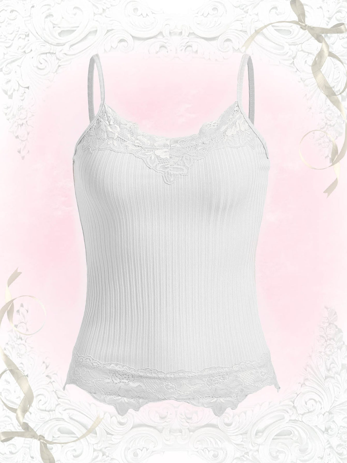 Women's black rib-knit cami top featuring delicate contrast lace trim and thin spaghetti straps.