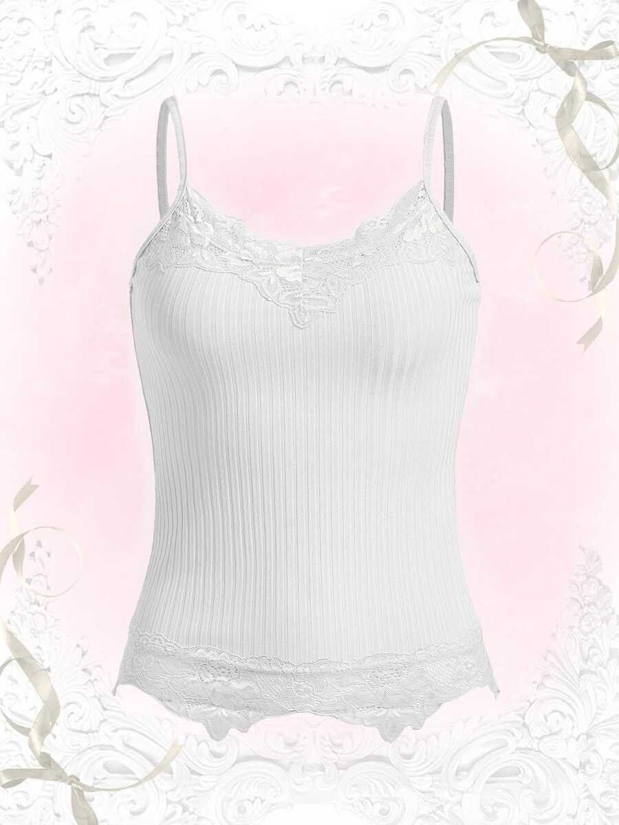 Women's black rib-knit cami top featuring delicate contrast lace trim and thin spaghetti straps.