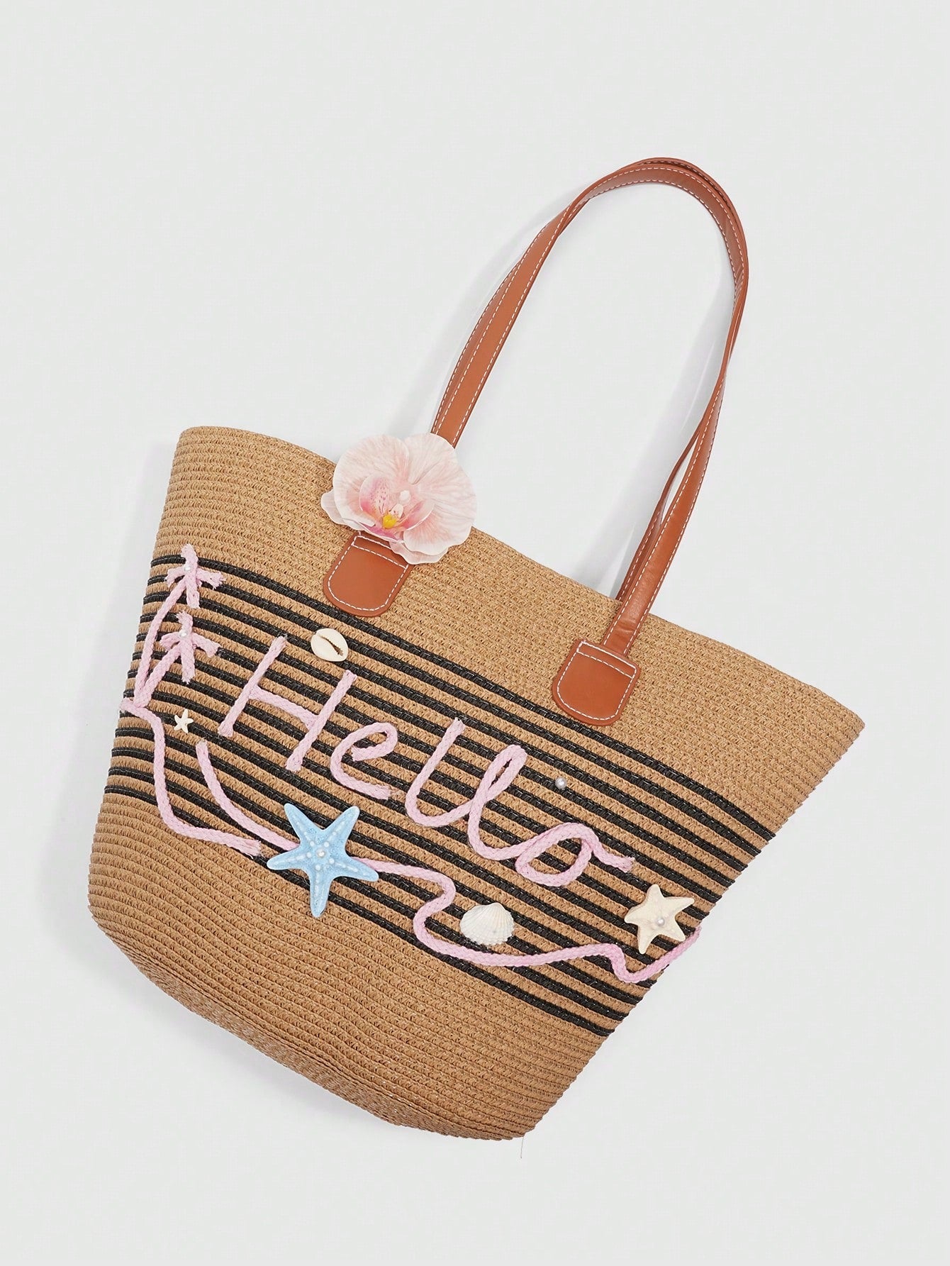 ROMWE Fairycore 1pc Vacation-Themed Shell, Seashell, Coral, Pearl Decor Women Tote Bag, Large Capacity Floral Straw Beach Bag For Spring/Summer