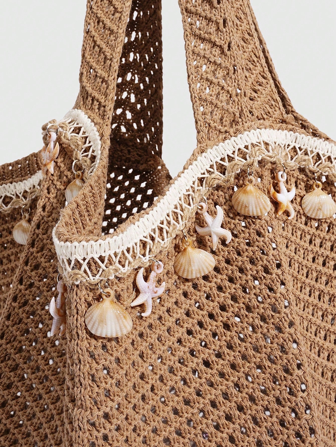ROMWE Fairycore 1 Pc Tropical Ocean Beach Vacation Style Woven Hollow Beige Women's Shoulder Crossbody Handbag, Large Capacity Travel Vacation Bag