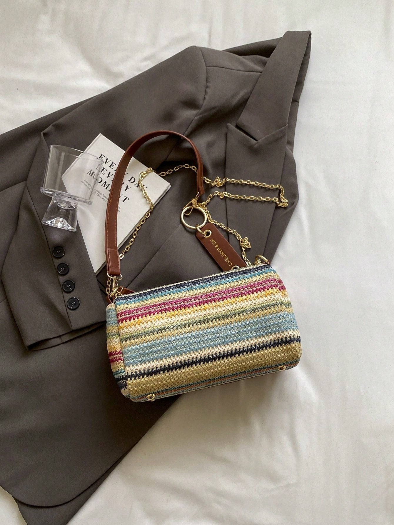 New Spring/Summer Contrast Striped Woven Straw Shoulder Bag, Fashion Letter Decor Women's