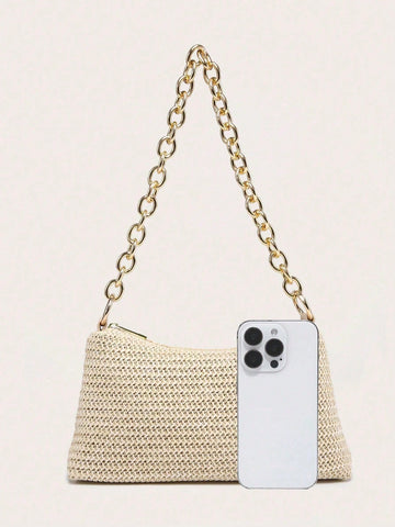 Women's Underarm Shoulder Bag, Square Bag, PU Rope Flower Pendant, Large Capacity, Lightweight, Casual Fashionable Beach Vacation Style, Suitable For Shopping And Vacation , Beach Bag, Holiday, Straw Bag