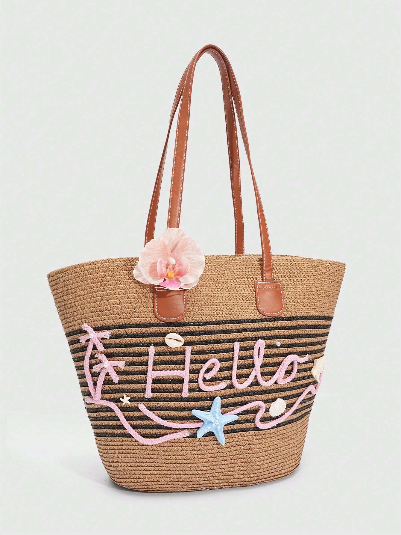 ROMWE Fairycore 1pc Vacation-Themed Shell, Seashell, Coral, Pearl Decor Women Tote Bag, Large Capacity Floral Straw Beach Bag For Spring/Summer