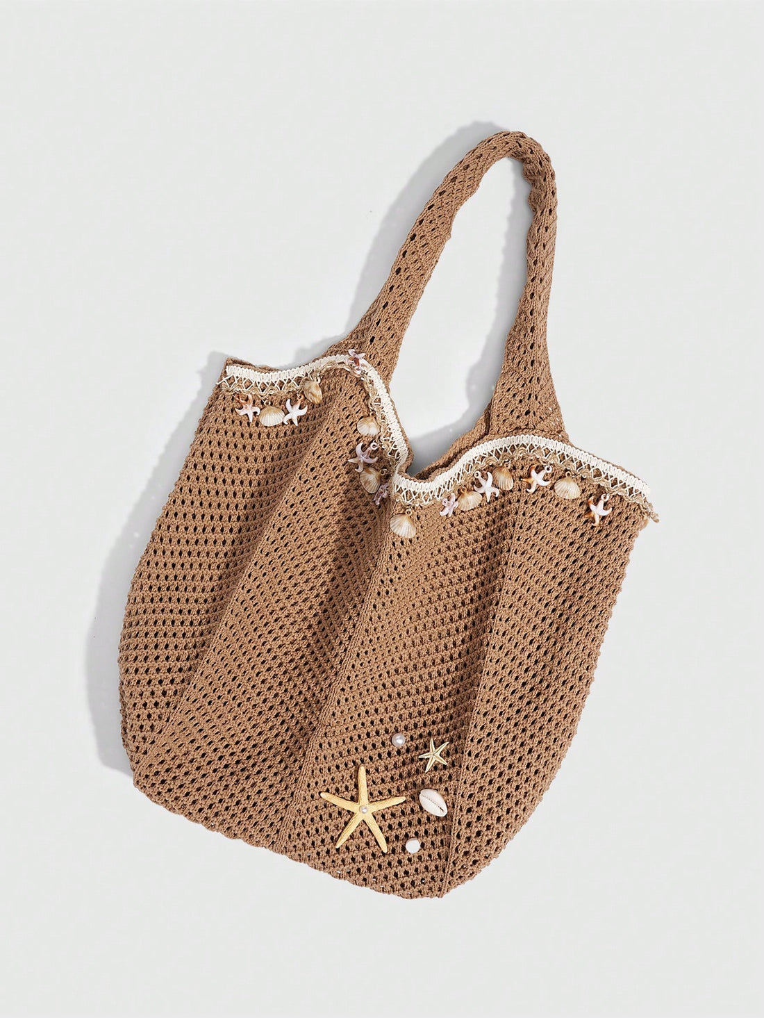 ROMWE Fairycore 1pc Tropical Ocean Beach Resort Style Woven Hollow Khaki Women Shoulder Tote Bag, Large Capacity