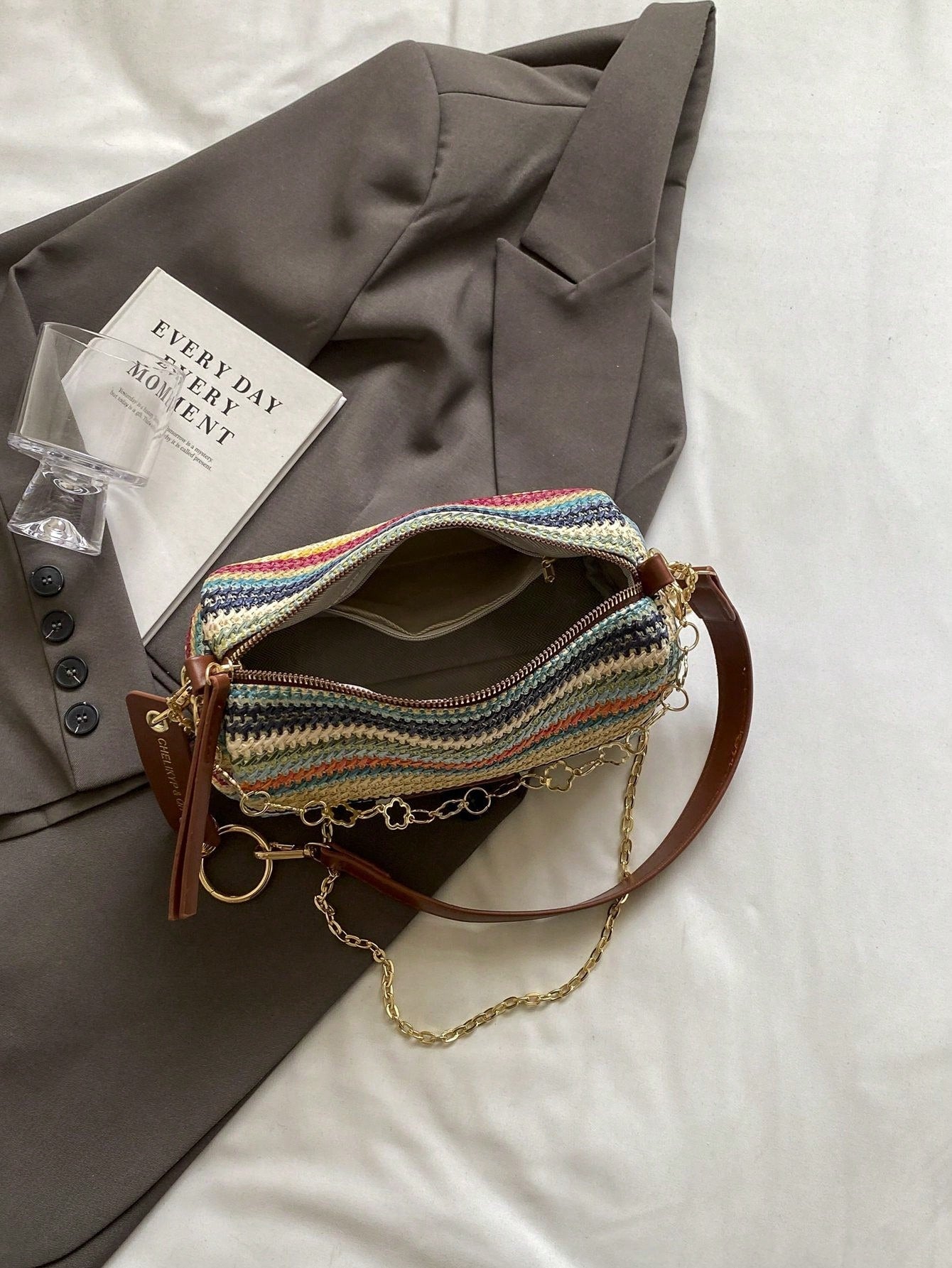 New Spring/Summer Contrast Striped Woven Straw Shoulder Bag, Fashion Letter Decor Women's