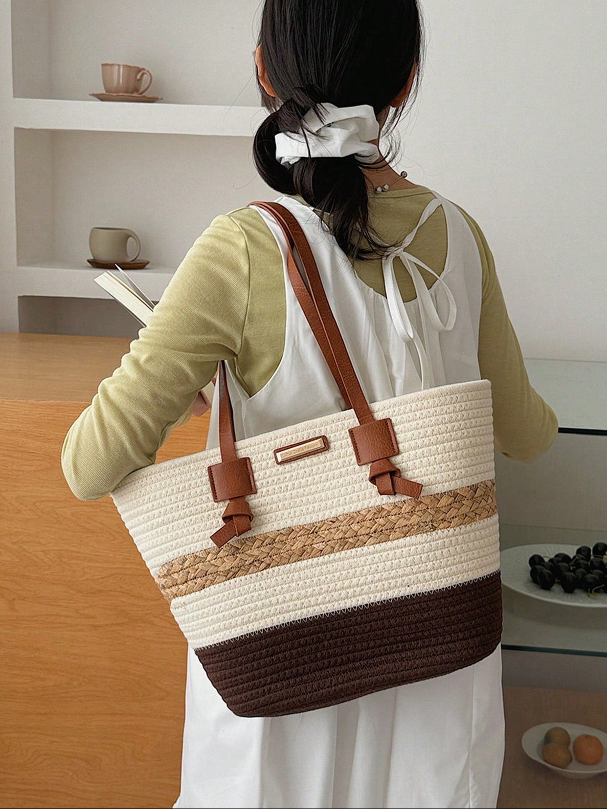 1pc Colorblock Striped Straw Tote Bag, Large Capacity Commuter Beach Shoulder Bag For Women