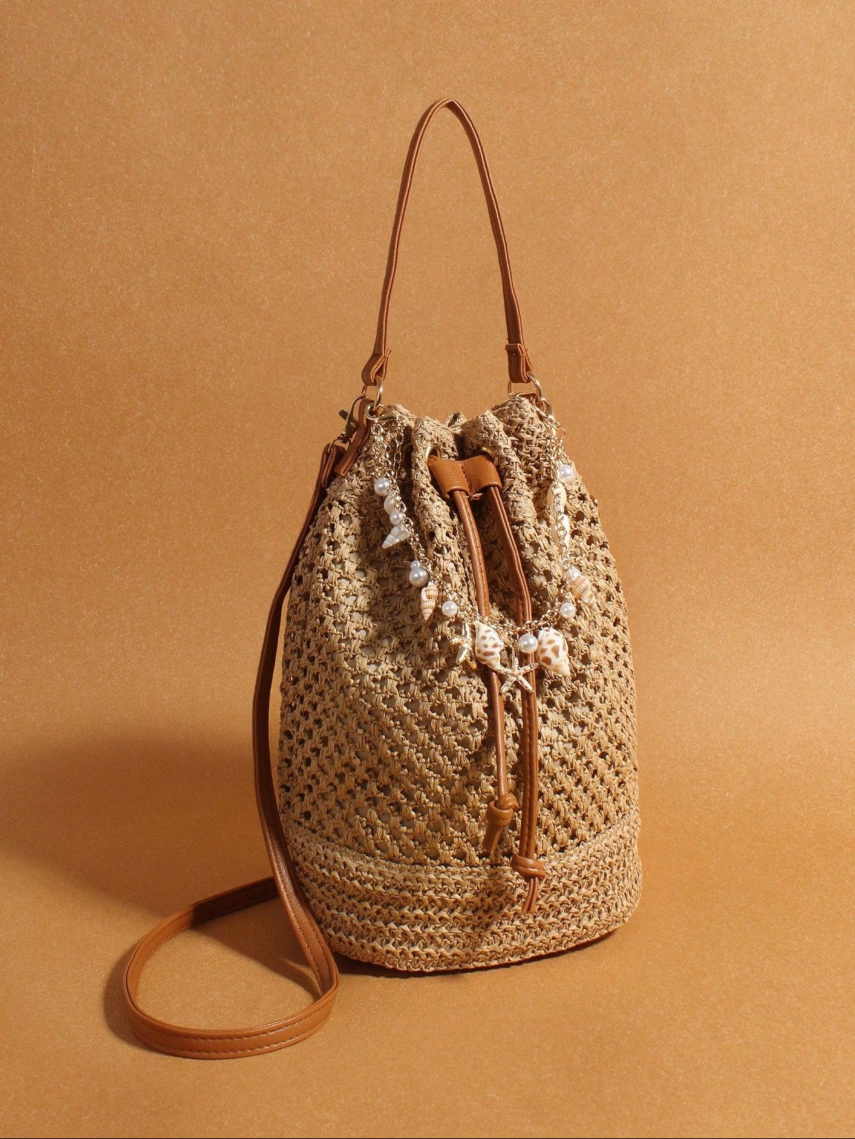 Original Handmade Style, Niche Vacation Style, Drawstring Woven Bag, Hollowed Out Woven Bucket Bag, Starfish Shell Hanging Decoration, Single Shoulder Crossbody Bag, Lightweight, Casual, Breathable, Shopping, Travel, Vacation Beach Bag