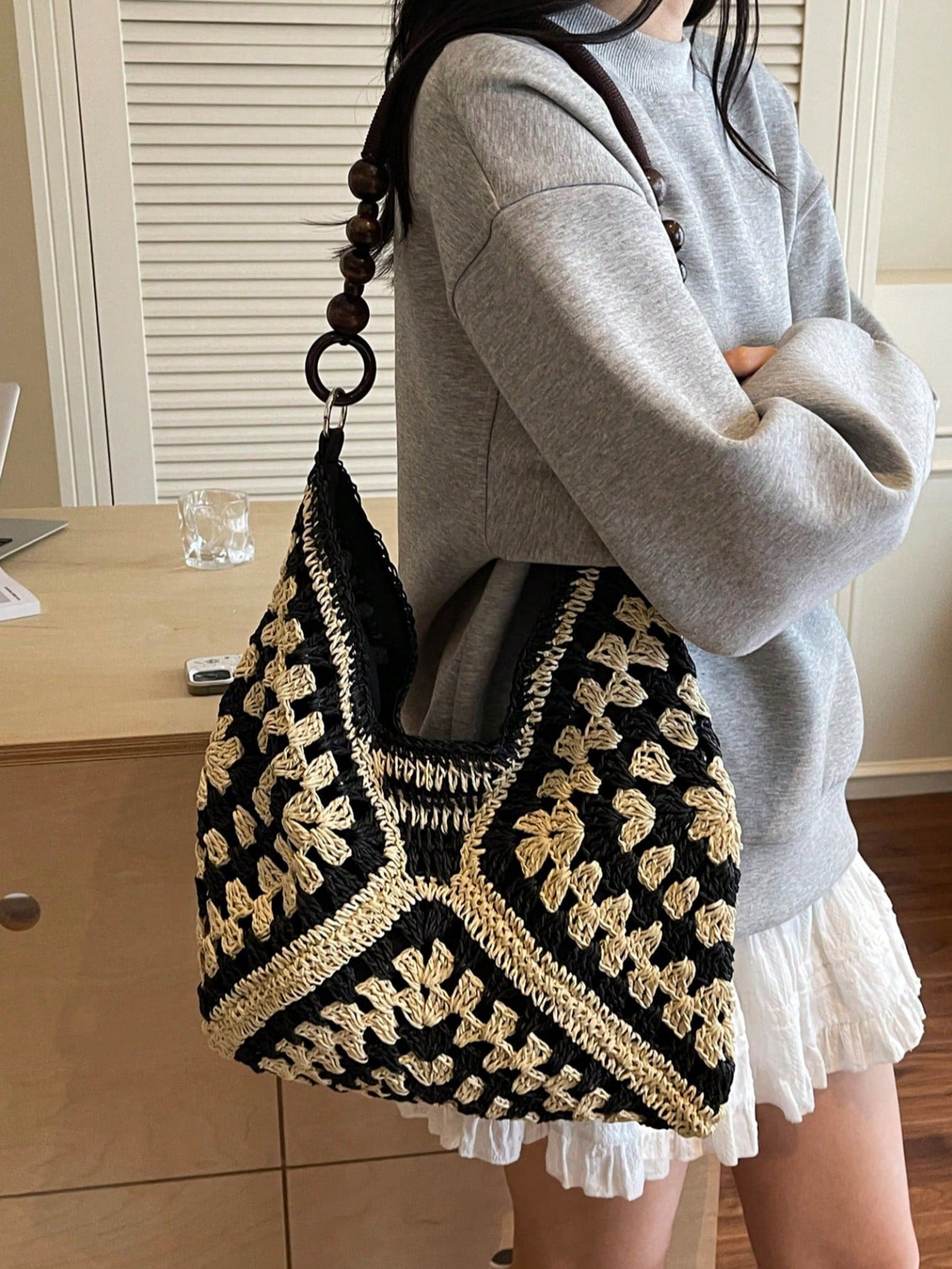 Handmade Crochet Hollow Straw Bag, Patchwork Large Capacity Shoulder Bag, Bohemian Contrast Color Straw Bag, Casual Versatile Women Bag, Slouchy Woven Bag, Summer Beach Vacation Straw Bag, Commute & Travel Dual-Use Women Bag, Can Fit , Gift For Women