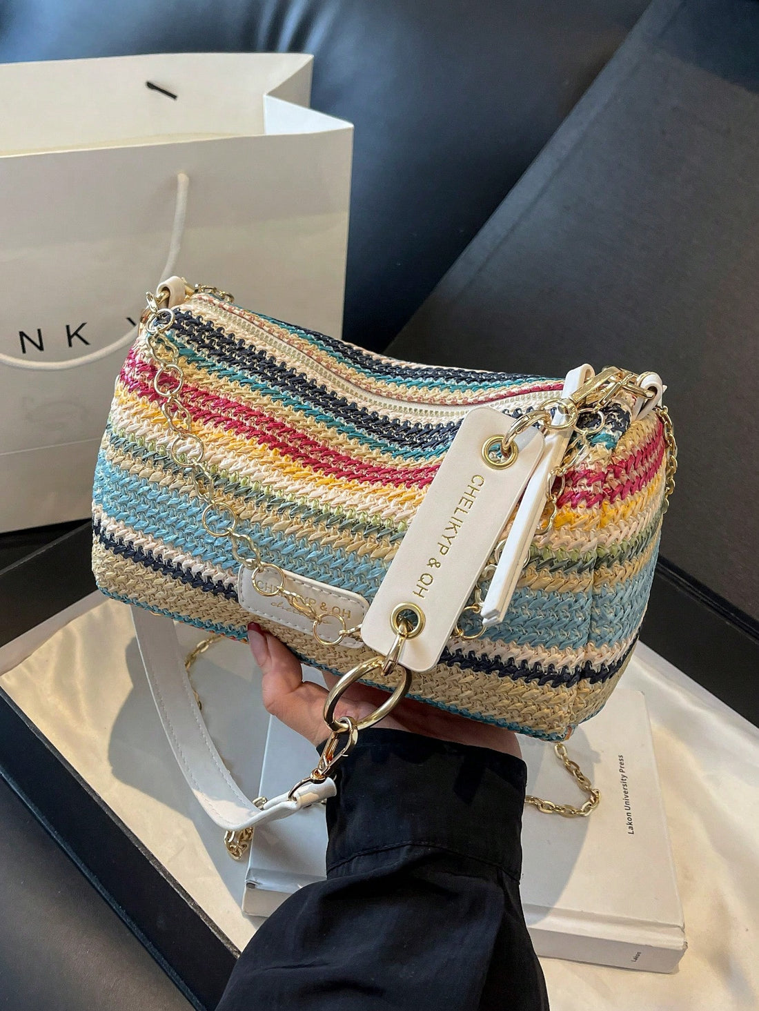 New Spring/Summer Contrast Striped Woven Straw Shoulder Bag, Fashion Letter Decor Women's