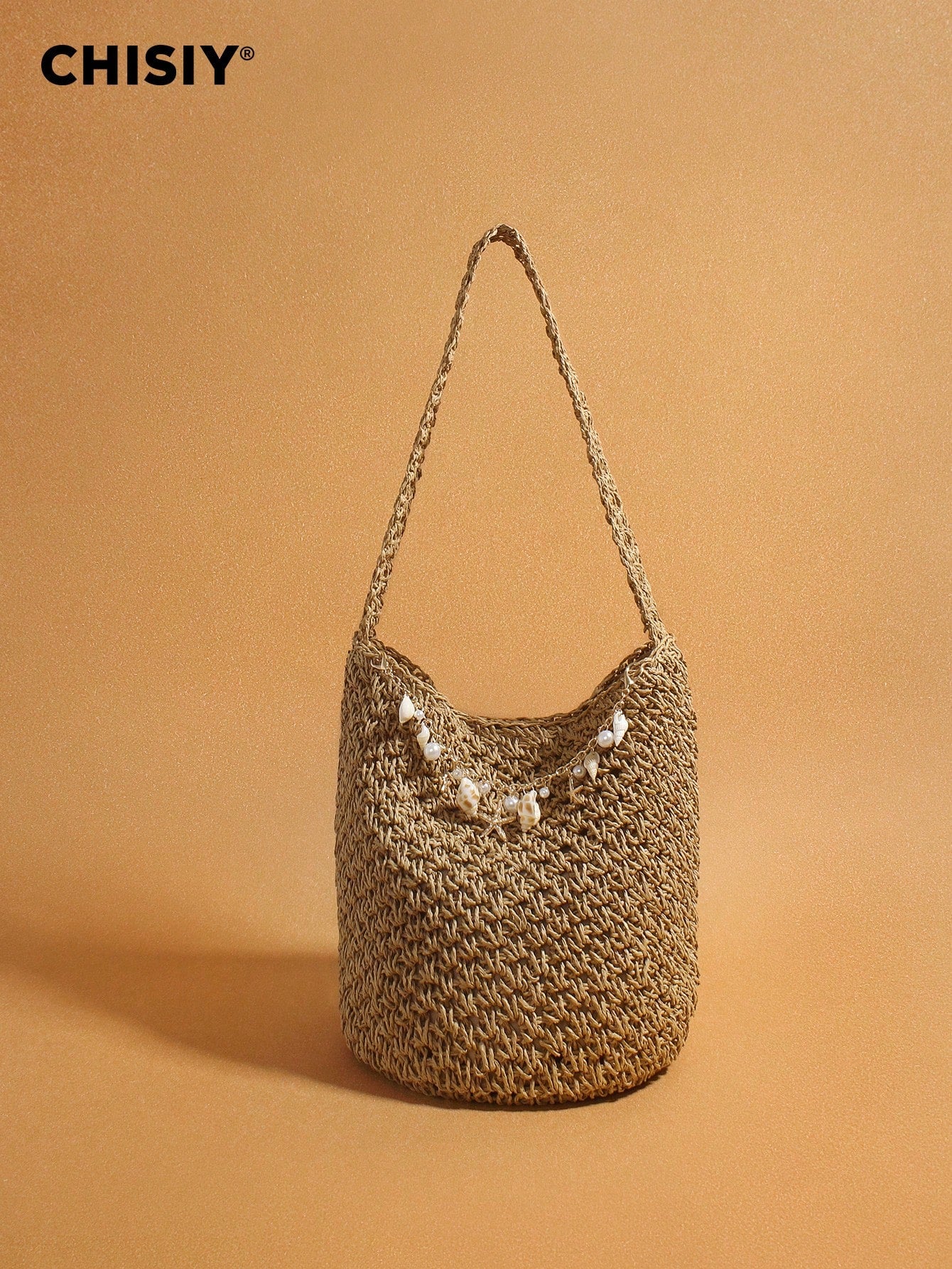Original Handmade New Retro Woven Shoulder Bag, Summer Seaside Vacation Grass Woven Bag, Shell Starfish Hanging Decoration Bucket Bag, Large Capacity Commuting Handbag, Seaside Vacation Beach Bag, Daily Commuting Beach Leisure Party Travel