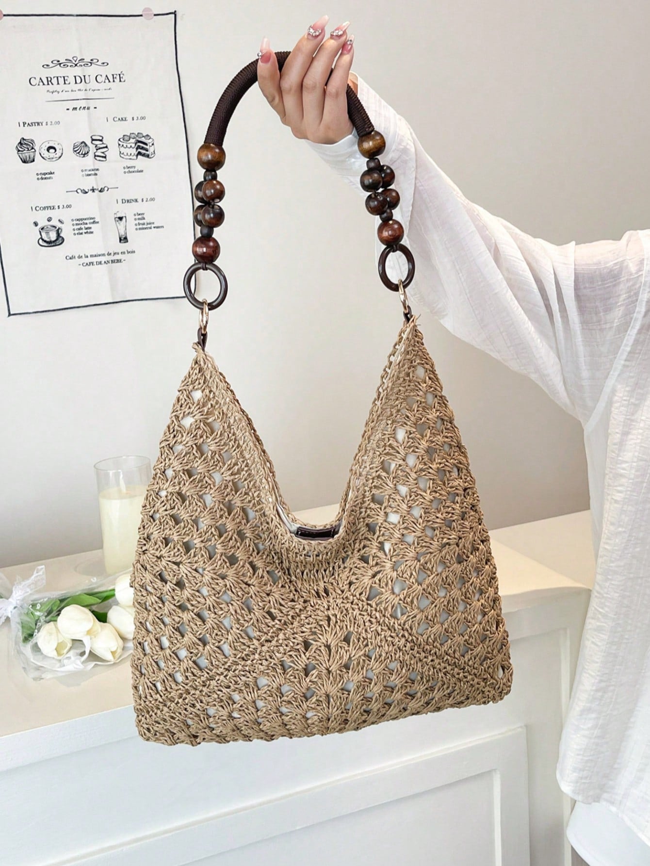 EMERY ROSE Large Capacity Portable Women's Woven Straw Shoulder Bag Medium Handbag With Handle For Beach Vacation