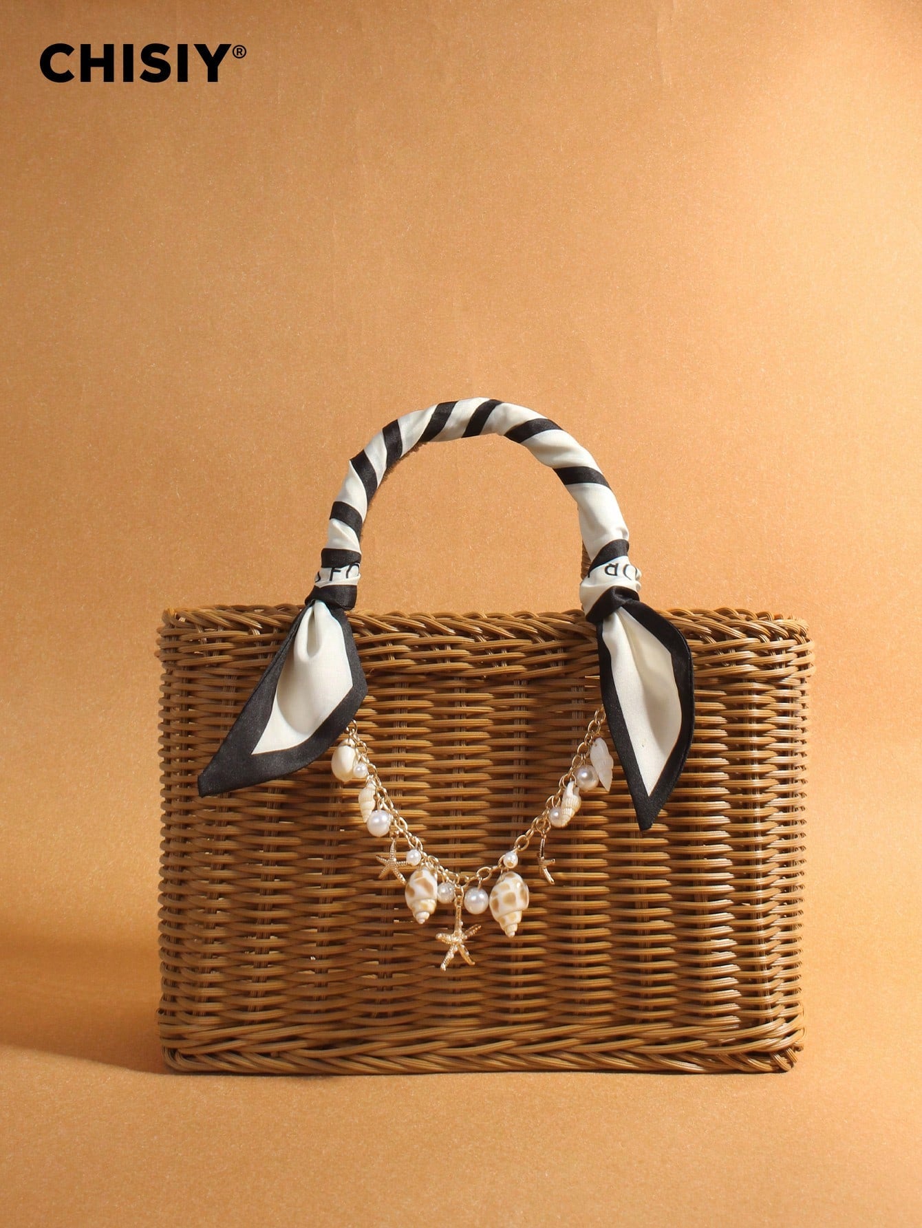 Summer New French Retro Handmade Vine Weaving Handbag Silk Scarf Handheld With Shell Sea Star Hanging Decoration Seaside Vacation Large Capacity Basket Package Daily Commuting Beach Leisure Party Travel