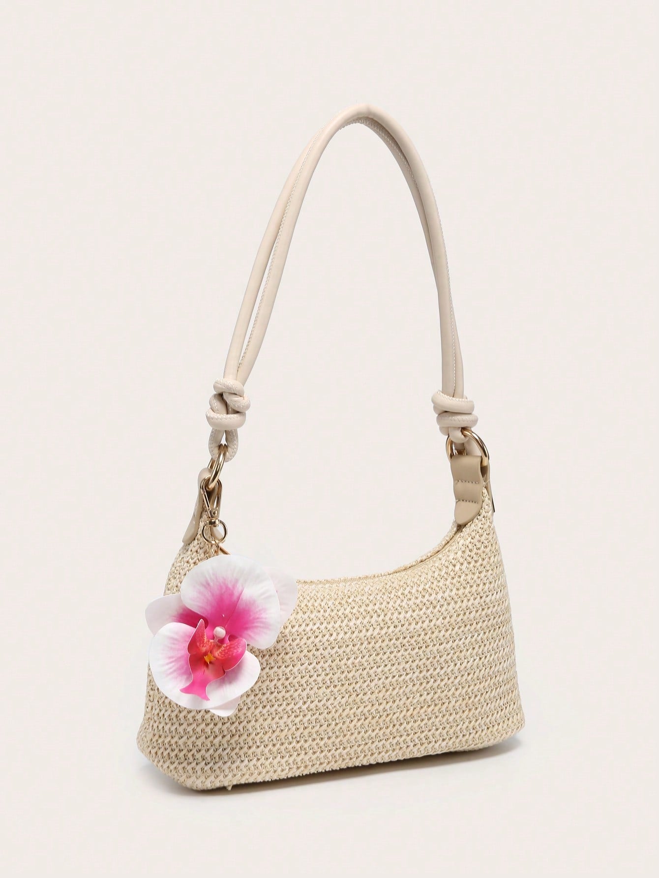 Women's Underarm Shoulder Bag, Square Bag, PU Rope Flower Pendant, Large Capacity, Lightweight, Casual Fashionable Beach Vacation Style, Suitable For Shopping And Vacation , Beach Bag, Holiday, Straw Bag