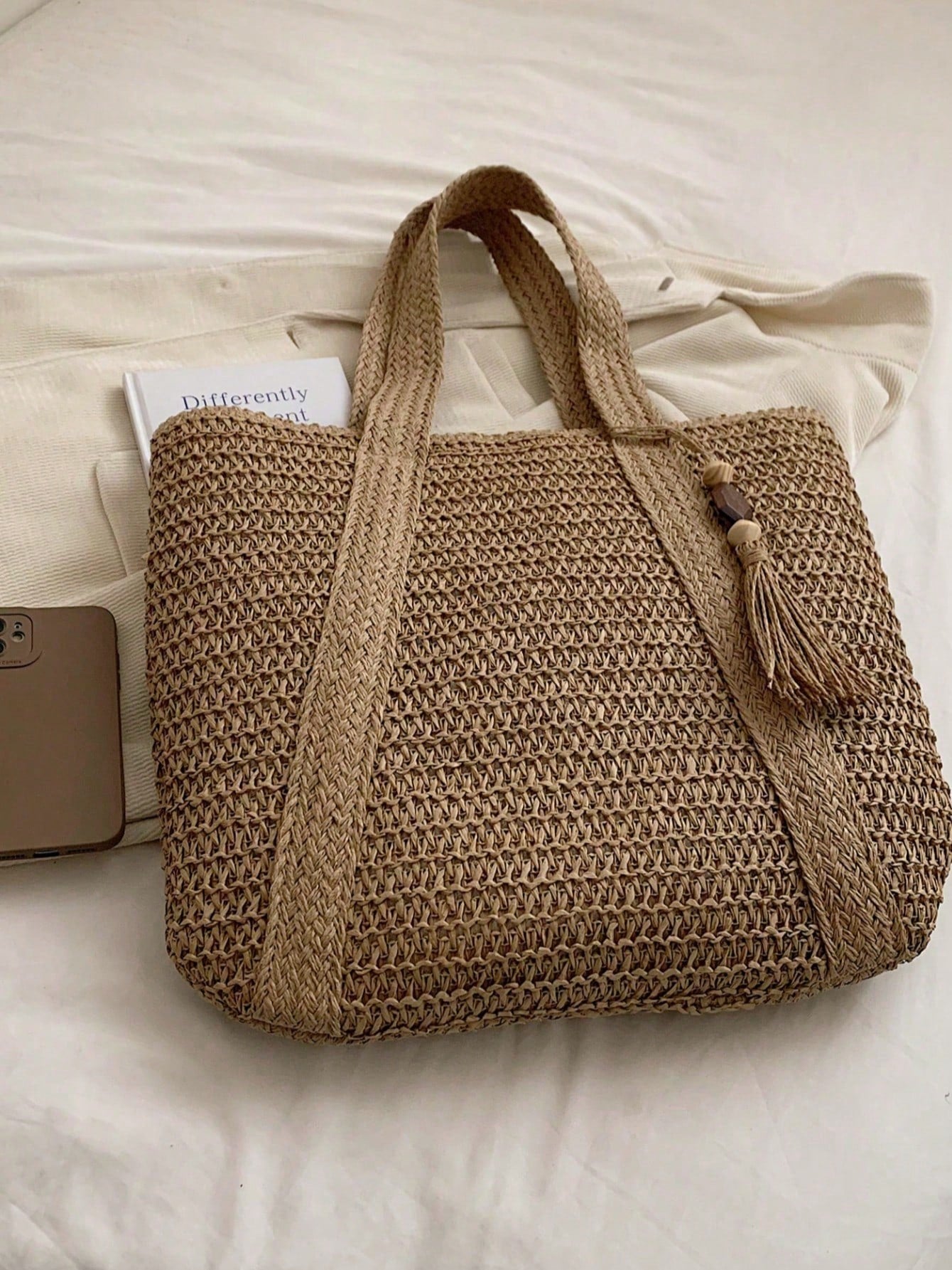 Women's Large Capacity Straw Vacation Beach Bag, Woven With Tassels, Shoulder Handbag Wallet, Casual Fashion Travel Bag, Portable Bohemian Foldable Tote , Bohemian Outfit For Women , Summer, Boho