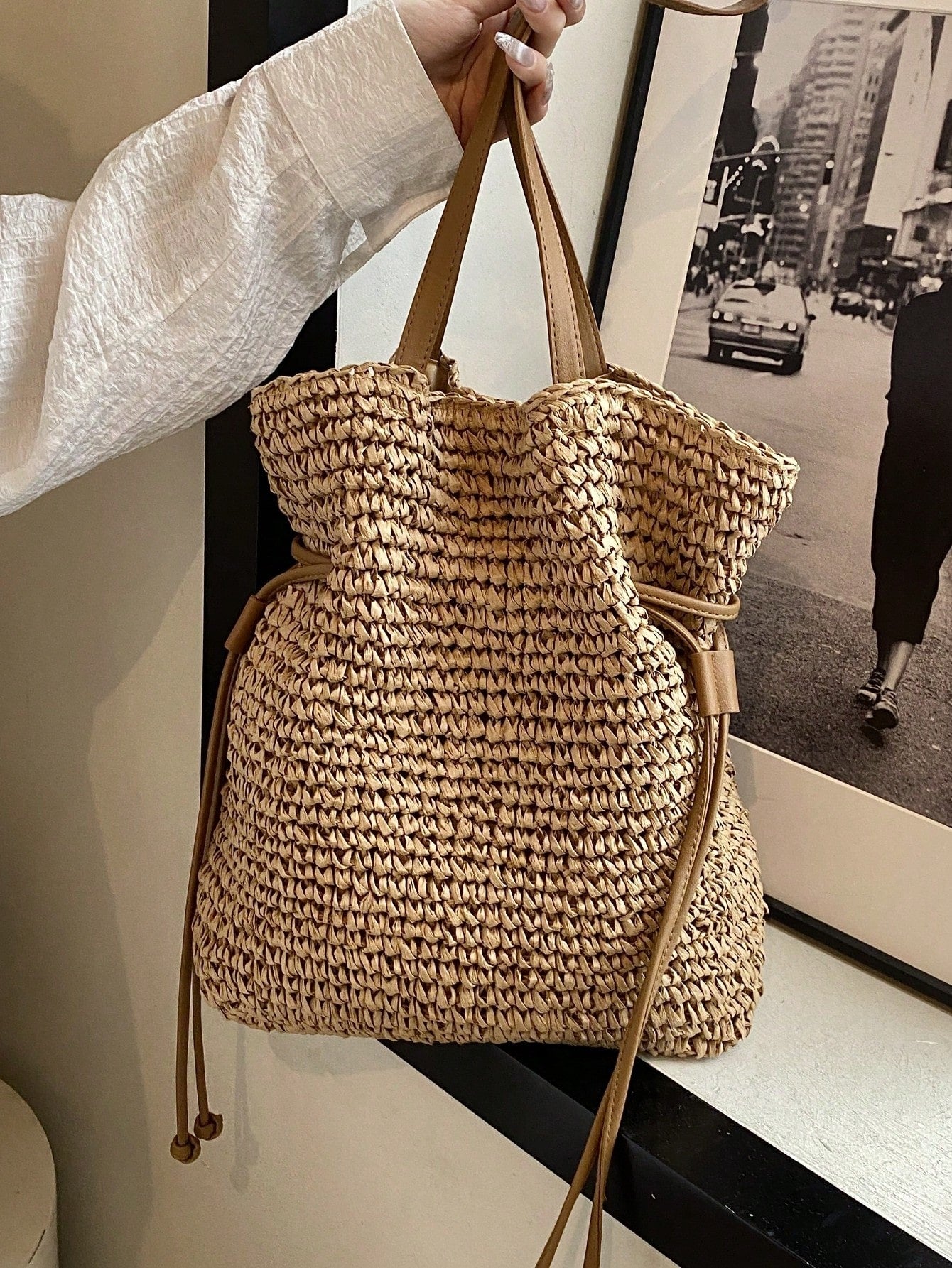 Fashionable Casual Versatile Solid Color Straw Tote Bag, Suitable For Holiday,