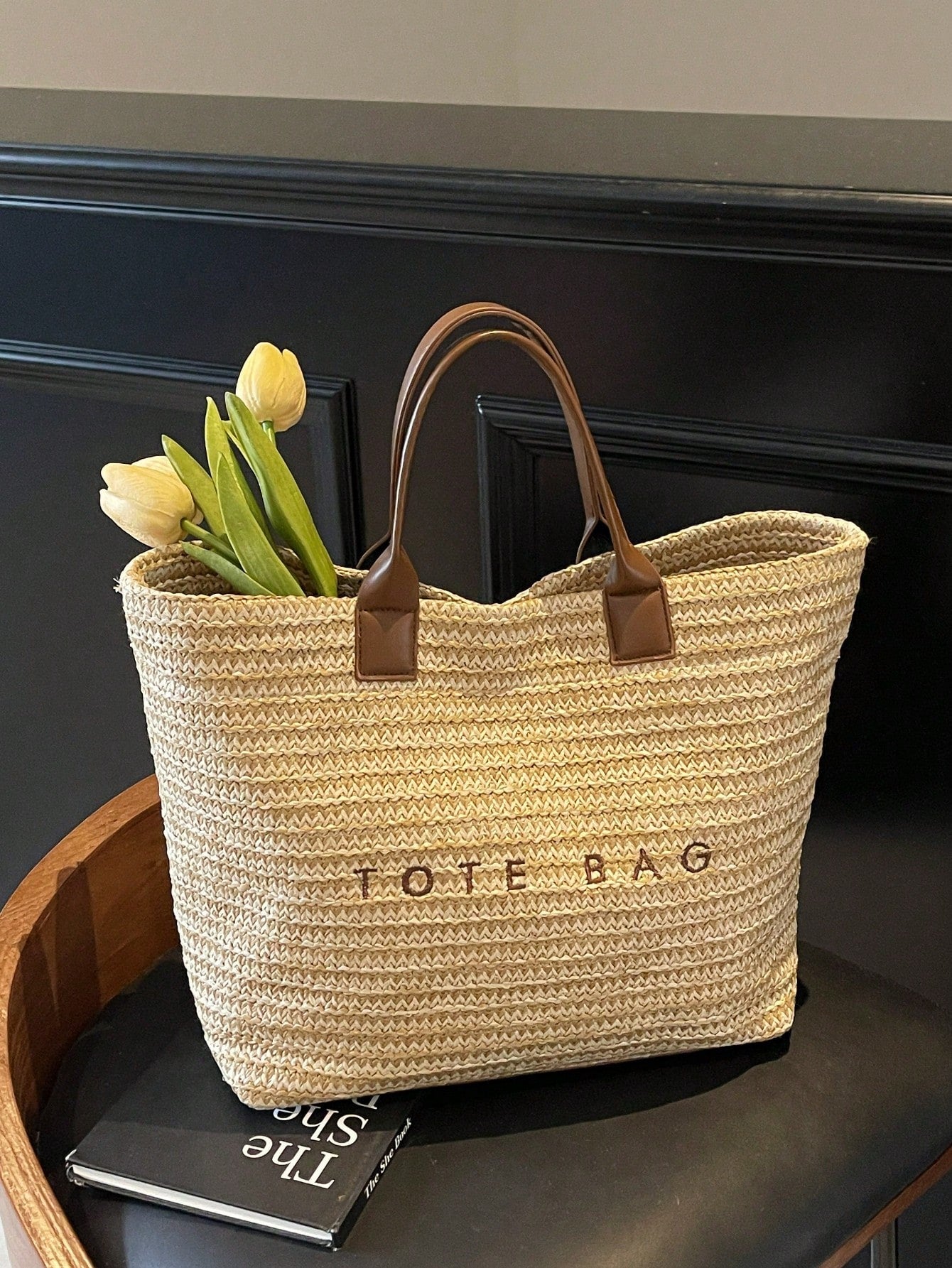 New Large Capacity Letter Decor Woven Straw Tote Bag, Multi-Functional Commute Casual Vacation Woven Straw Handbag Suitable For Commuting, Shopping, Beach Vacation, Office, Holidays