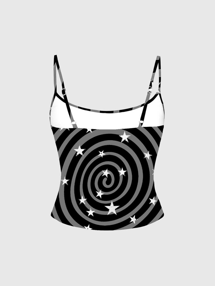 Black rib-knit gothic camisole tank top with a heart skull graphic print, spaghetti straps, and matching separate arm sleeves.