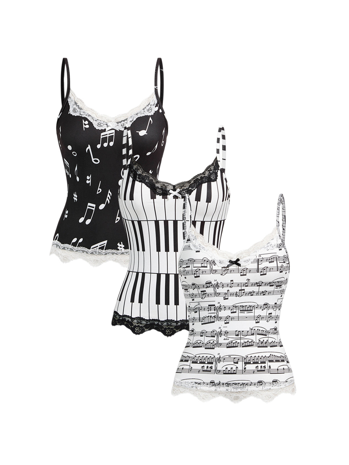 Three-piece women's camisole set featuring a retro music note and piano keyboard print, delicate contrast lace trim, front bow accent, and slim fit spaghetti straps.