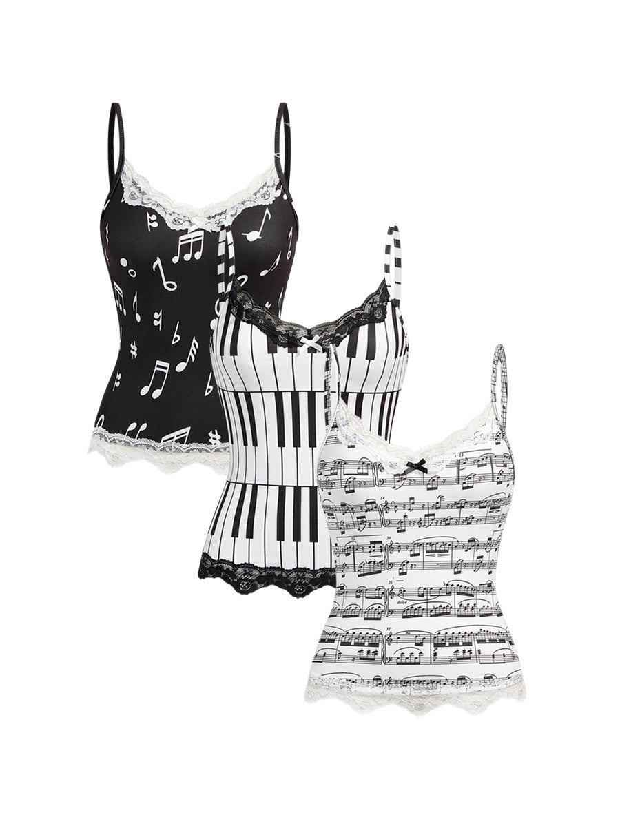 Three-piece women's camisole set featuring a retro music note and piano keyboard print, delicate contrast lace trim, front bow accent, and slim fit spaghetti straps.