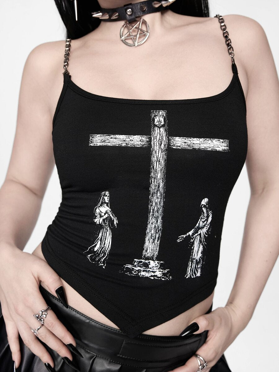 Black gothic rib-knit cross chain camisole top with asymmetrical hem and matching arm sleeves.