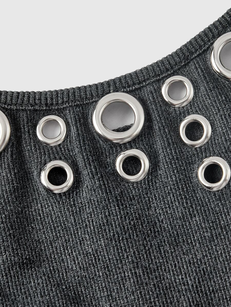 Front view of a women's black rib-knit camisole tank top with rhinestone details and spaghetti straps.