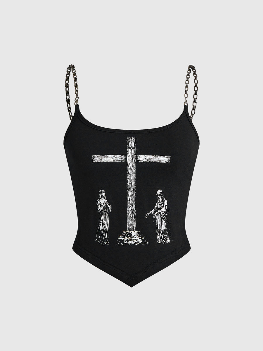 Black gothic rib-knit cross chain camisole top with asymmetrical hem and matching arm sleeves.