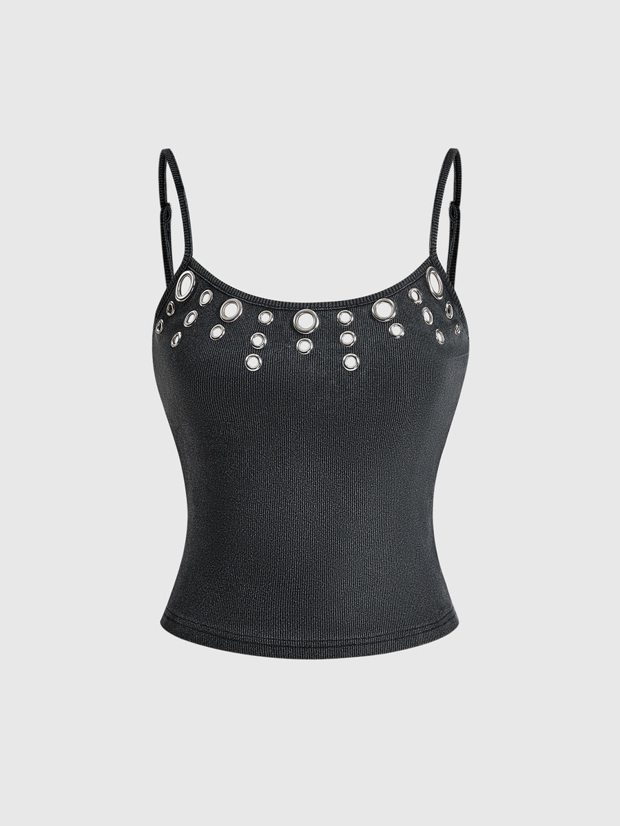 Front view of a women's black rib-knit camisole tank top with rhinestone details and spaghetti straps.