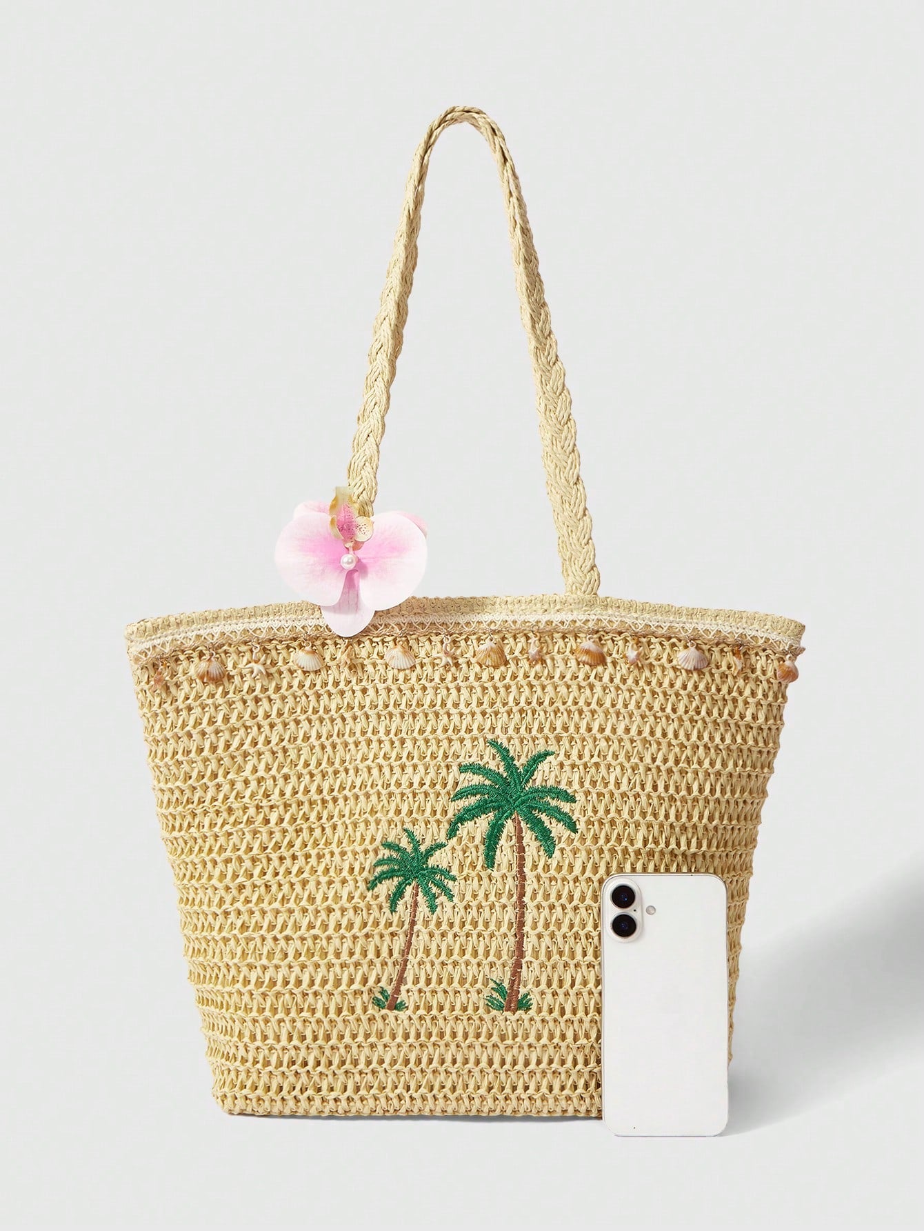 OMWE Fairycore 1pc Handmade Woven Tote Bag With Artificial Orchid, Lily Decor,