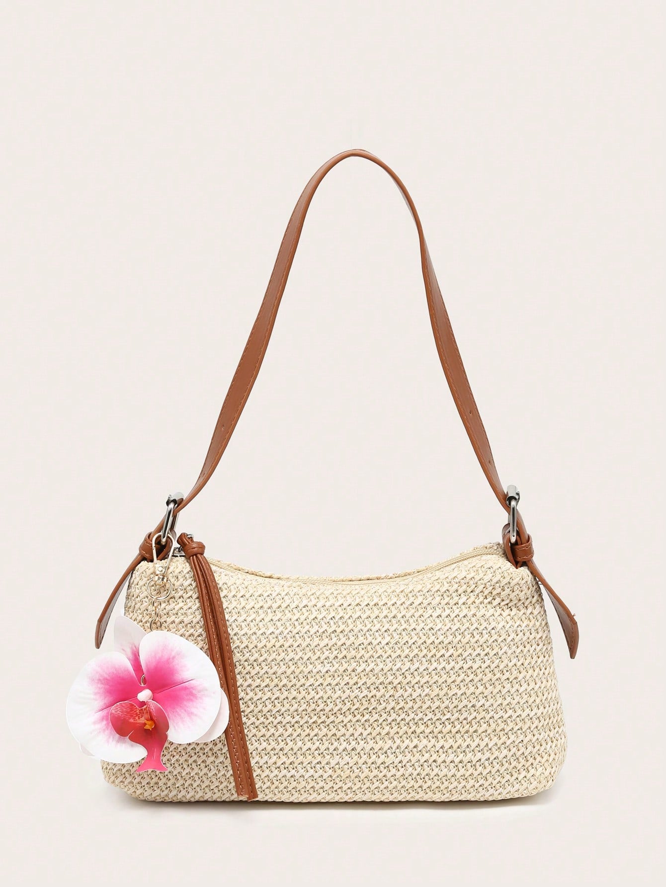 Women's Underarm Shoulder Bag, Square Bag, PU Rope Flower Pendant, Large Capacity, Lightweight, Casual Fashionable Beach Vacation Style, Suitable For Shopping And Vacation , Beach Bag, Holiday, Straw Bag