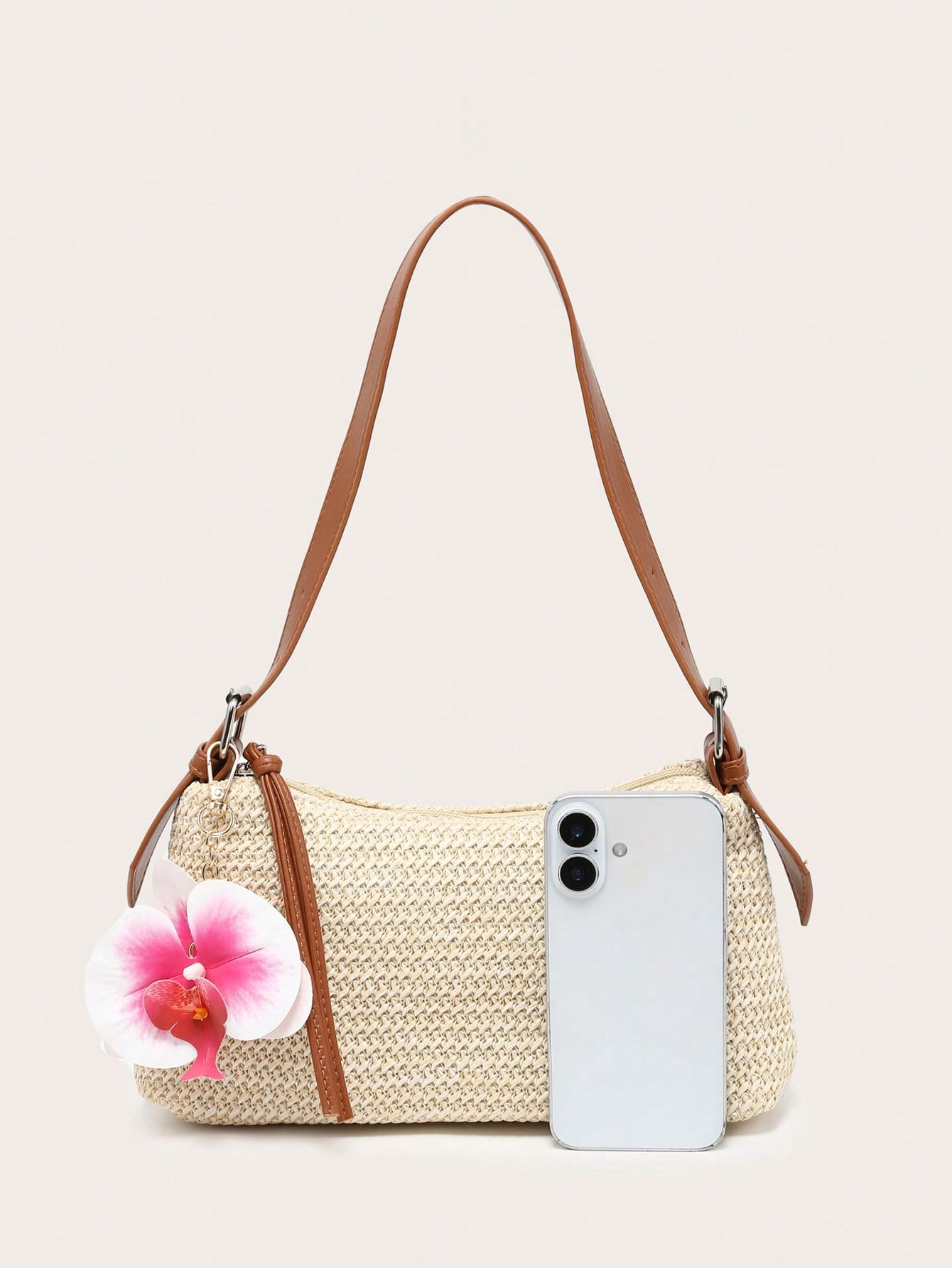 Women's Underarm Shoulder Bag, Square Bag, PU Rope Flower Pendant, Large Capacity, Lightweight, Casual Fashionable Beach Vacation Style, Suitable For Shopping And Vacation , Beach Bag, Holiday, Straw Bag
