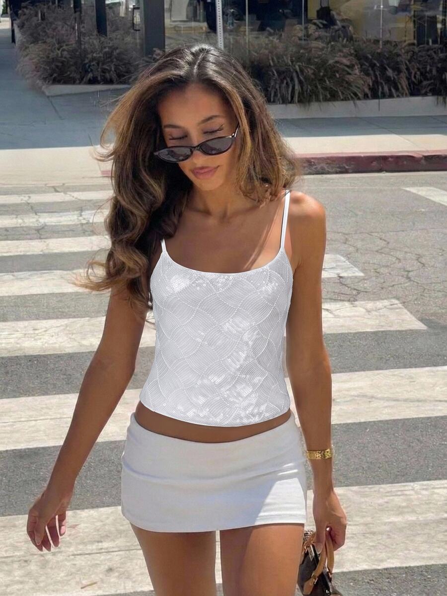 Women's sequin camisole top with spaghetti straps and a 3D rose embellishment