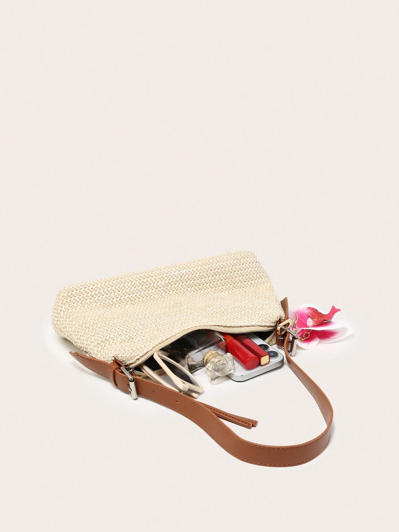 Women's Underarm Shoulder Bag, Square Bag, PU Rope Flower Pendant, Large Capacity, Lightweight, Casual Fashionable Beach Vacation Style, Suitable For Shopping And Vacation , Beach Bag, Holiday, Straw Bag