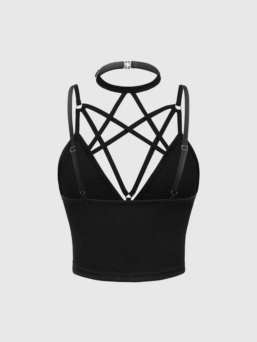 Front and back view of a women's black cut out criss cross crop tank top with spaghetti straps and a backless slim fit design.