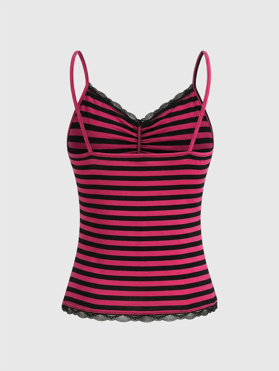 Burgundy and black striped lace trim camisole with spaghetti straps and ruched rib-knit detail.