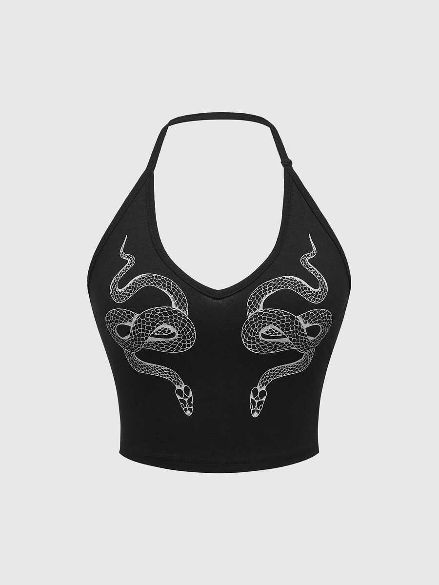 Black snake print halter camisole top for women featuring rhinestone details and a backless crop design.
