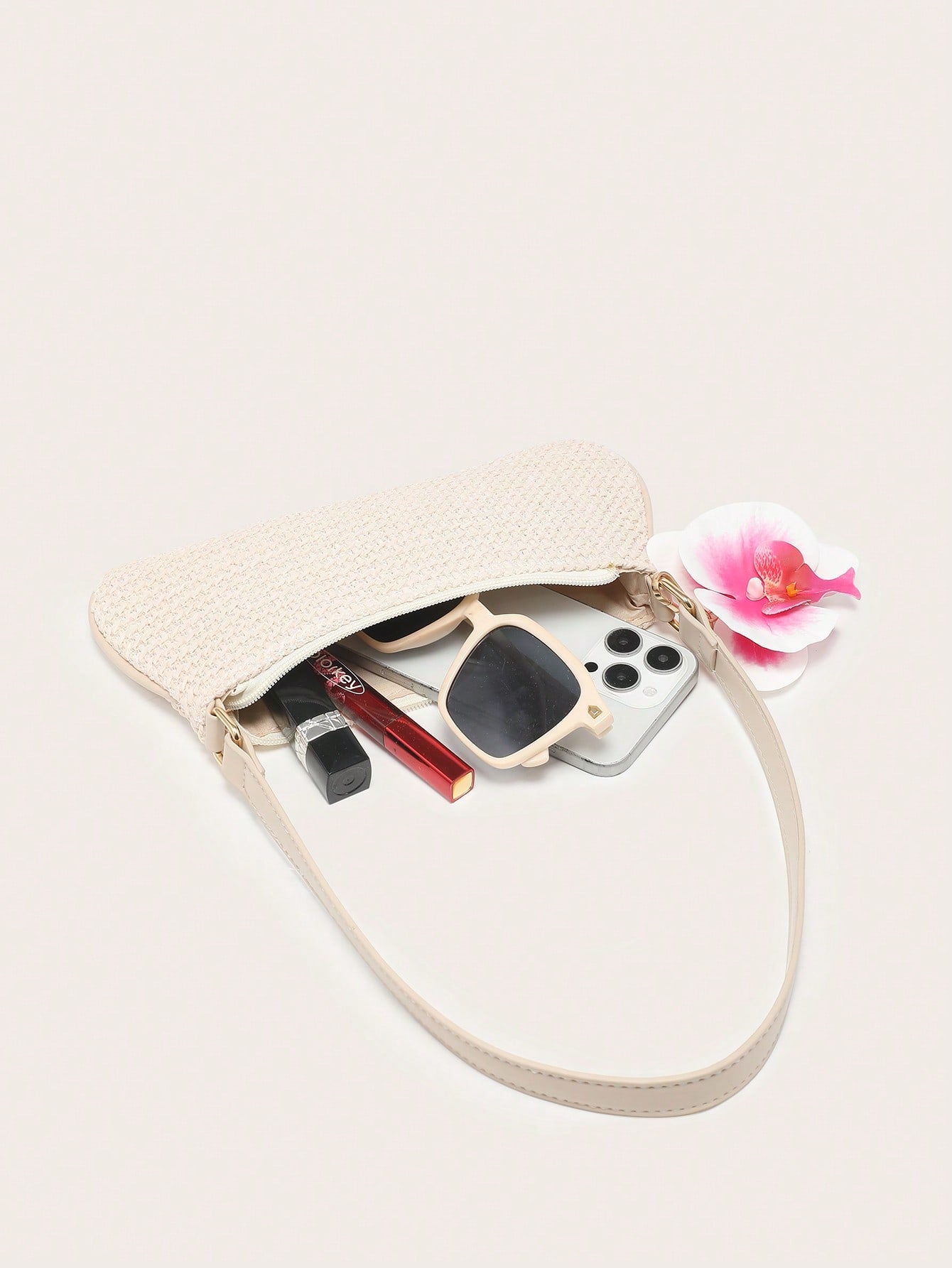 Women's Underarm Shoulder Bag, Square Bag, PU Rope Flower Pendant, Large Capacity, Lightweight, Casual Fashionable Beach Vacation Style, Suitable For Shopping And Vacation , Beach Bag, Holiday, Straw Bag