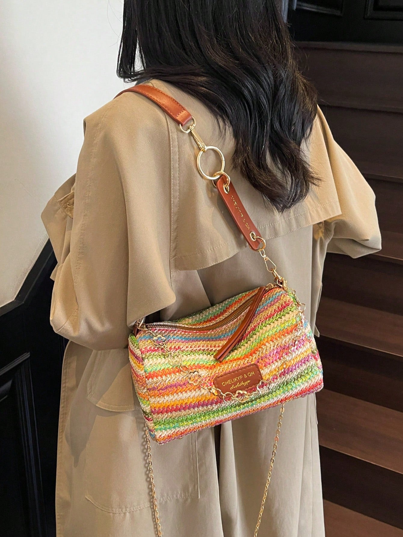 New Spring/Summer Contrast Striped Woven Straw Shoulder Bag, Fashion Letter Decor Women's