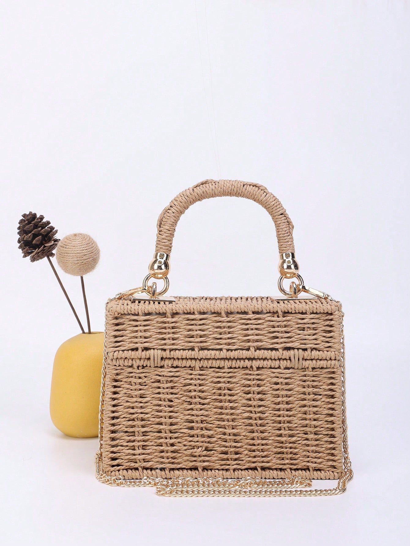Tropiscape Small Square Box Woven Metal Chain Bag, Holiday Essentials, Perfect For Travel,