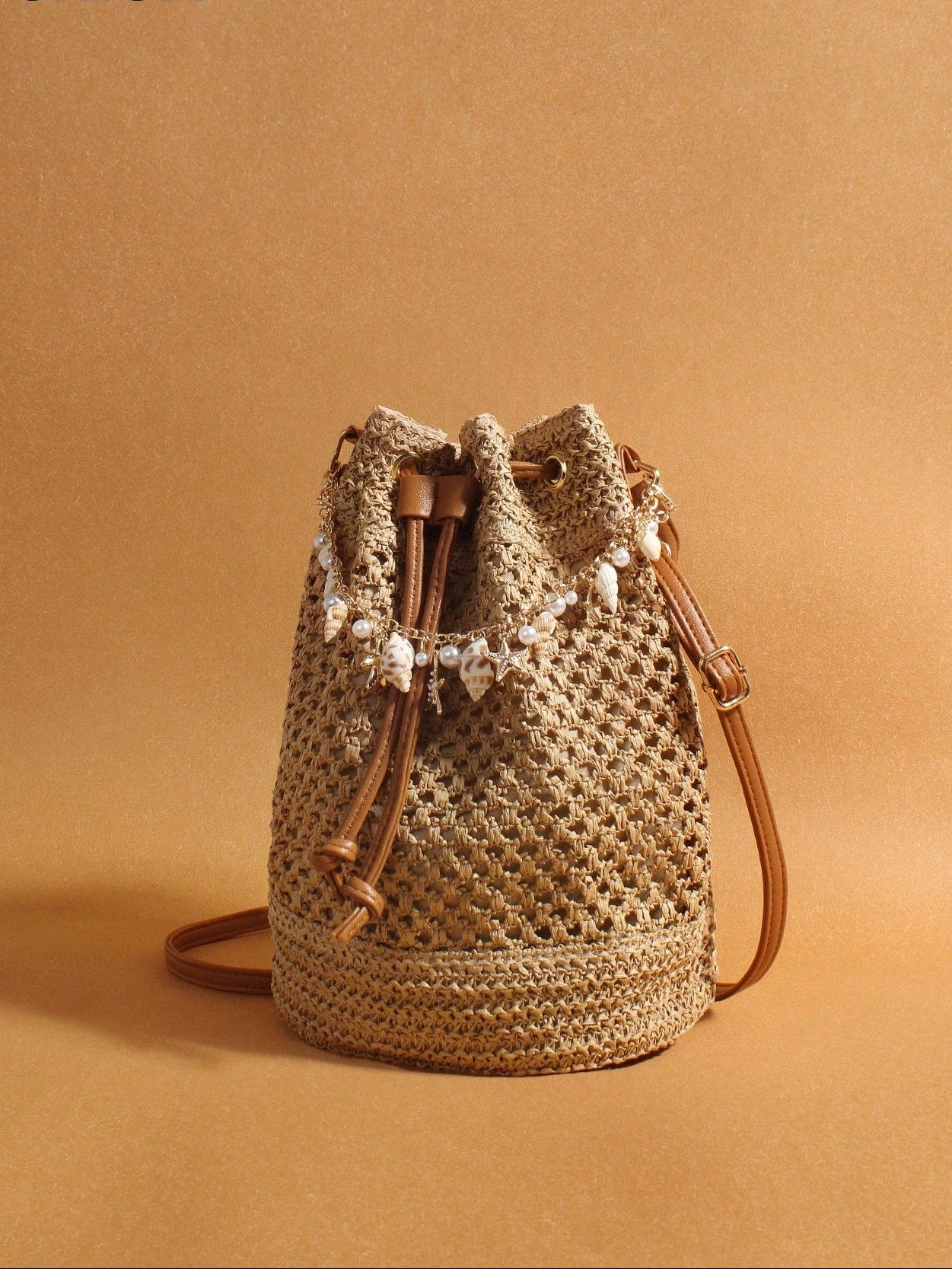 Original Handmade Style, Niche Vacation Style, Drawstring Woven Bag, Hollowed Out Woven Bucket Bag, Starfish Shell Hanging Decoration, Single Shoulder Crossbody Bag, Lightweight, Casual, Breathable, Shopping, Travel, Vacation Beach Bag
