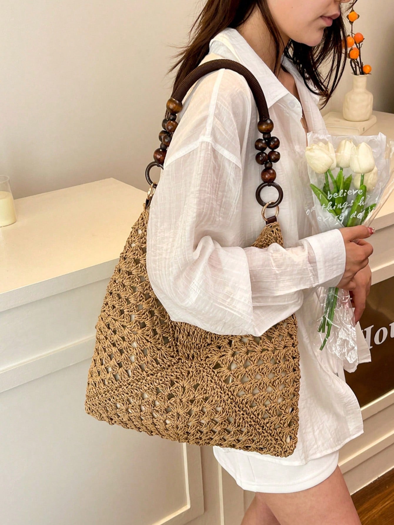 EMERY ROSE Large Capacity Portable Women's Woven Straw Shoulder Bag Medium Handbag With Handle For Beach Vacation