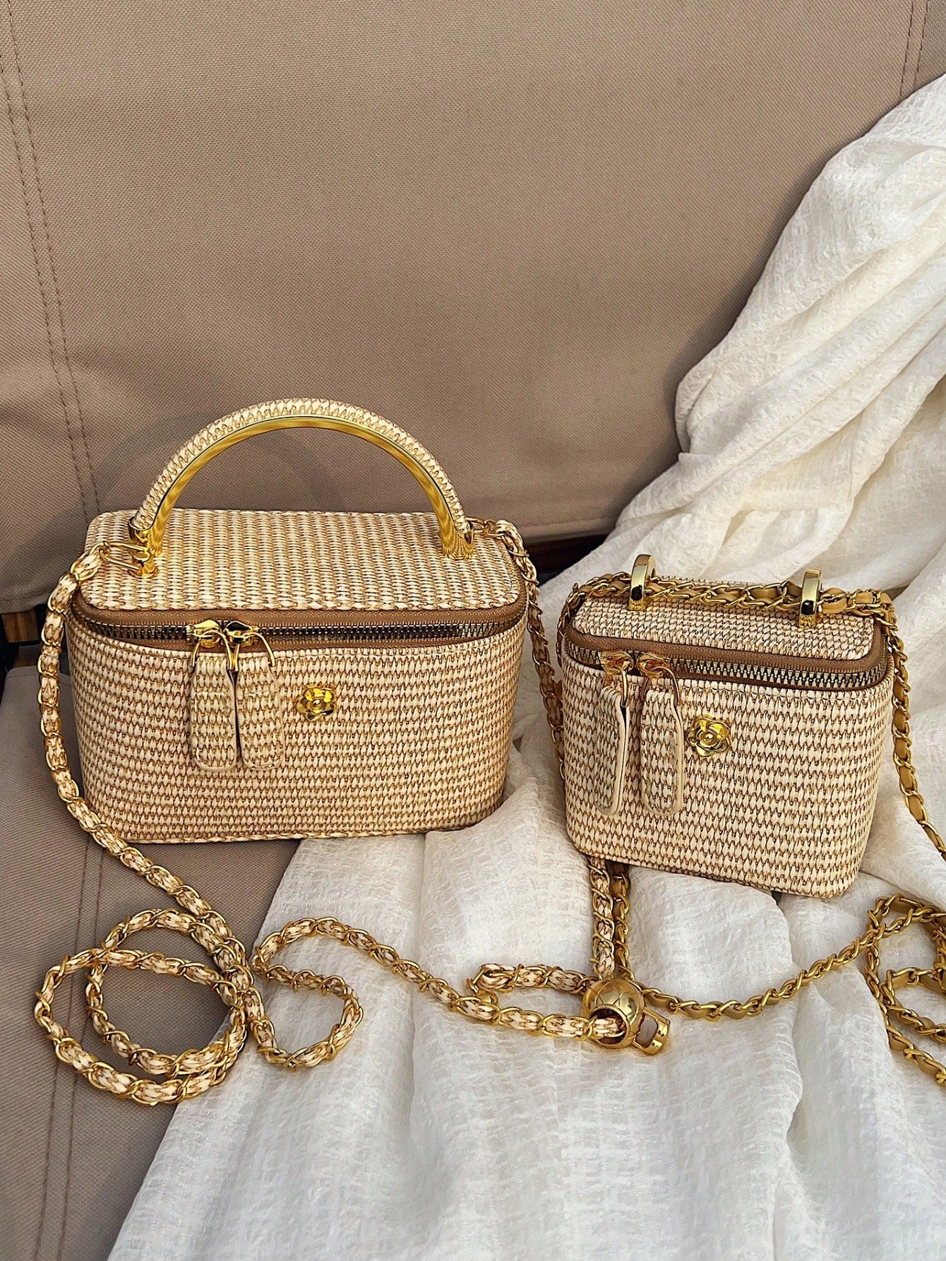 Woven Texture Handle Box-Shaped Handbag, Women's Spring/Summer New Fashion Chain Crossbody Small Square Bag, Versatile Beach Holiday Purse