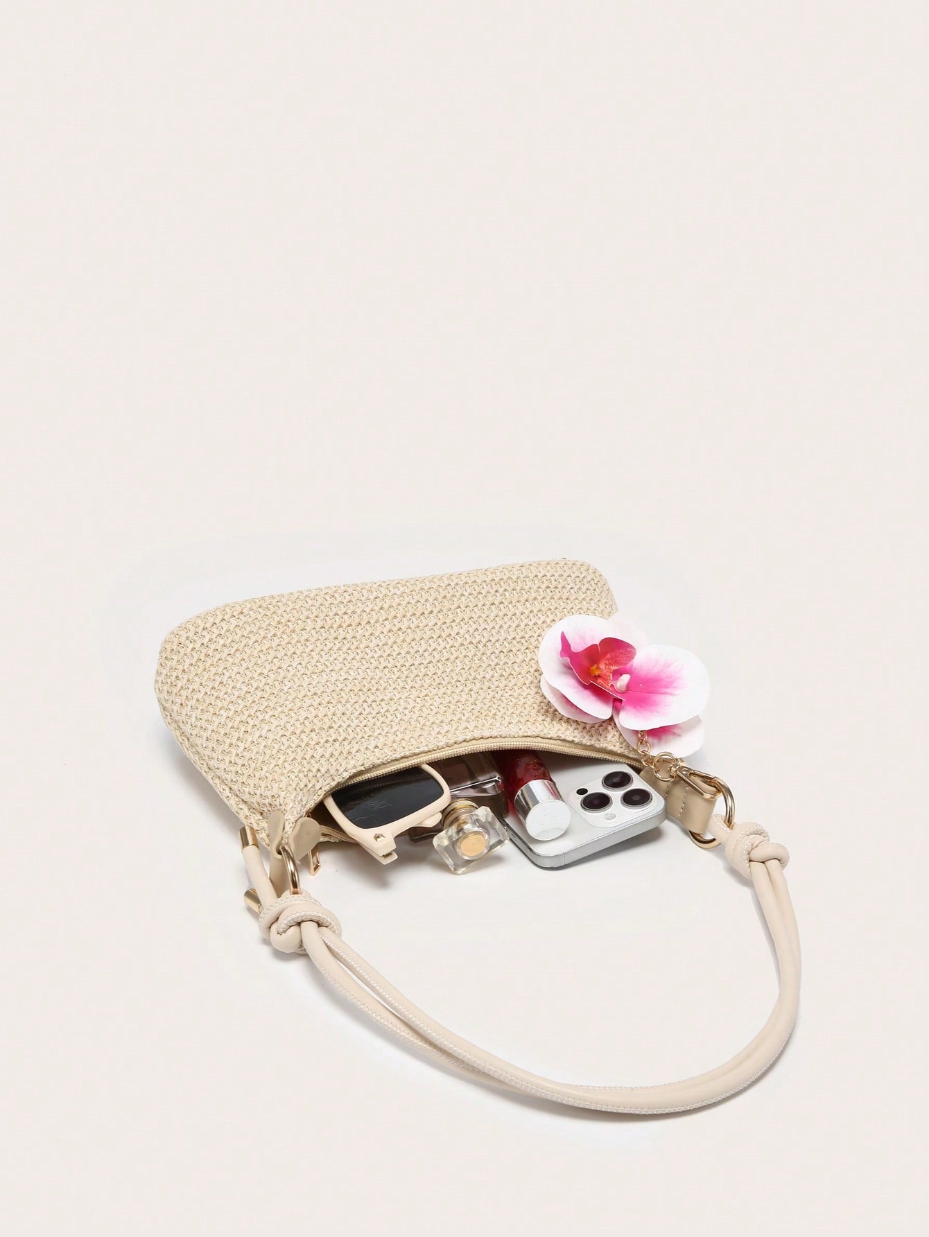 Women's Underarm Shoulder Bag, Square Bag, PU Rope Flower Pendant, Large Capacity, Lightweight, Casual Fashionable Beach Vacation Style, Suitable For Shopping And Vacation , Beach Bag, Holiday, Straw Bag