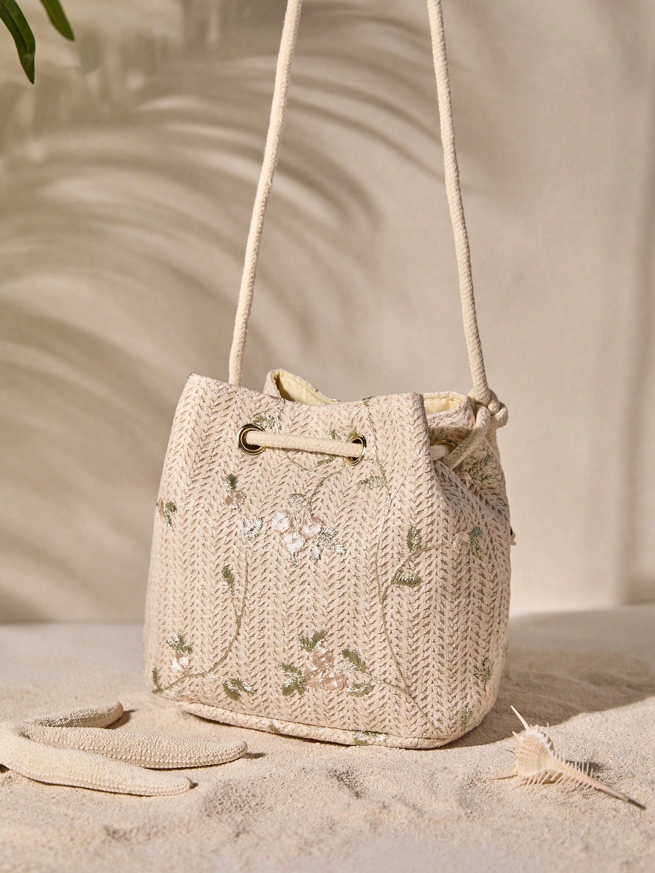 Tropiscape Mini Floral Embroidered Drawstring Detail Vacation, Straw Purse