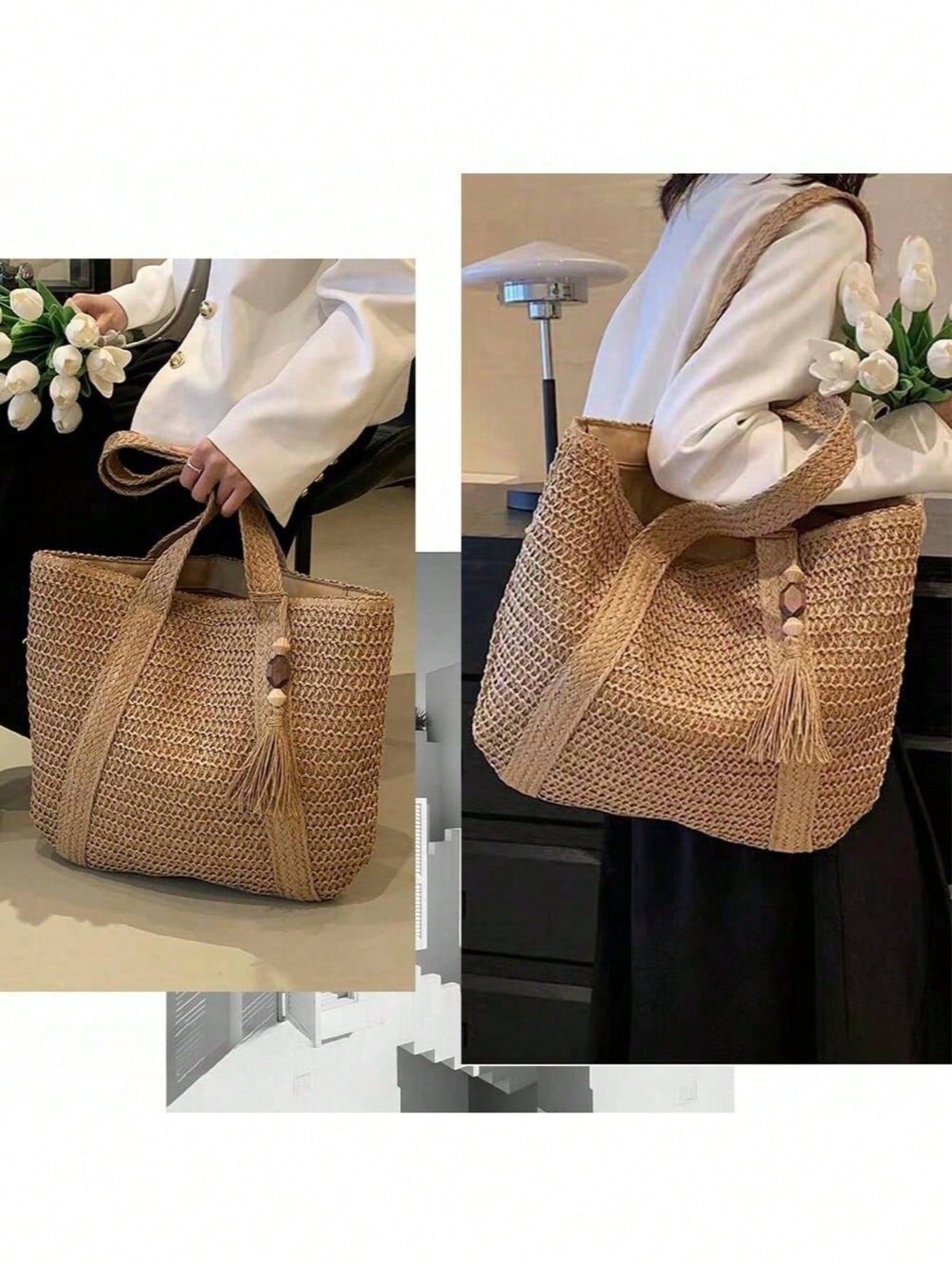 Women's Large Capacity Straw Vacation Beach Bag, Woven With Tassels, Shoulder Handbag Wallet, Casual Fashion Travel Bag, Portable Bohemian Foldable Tote , Bohemian Outfit For Women , Summer, Boho